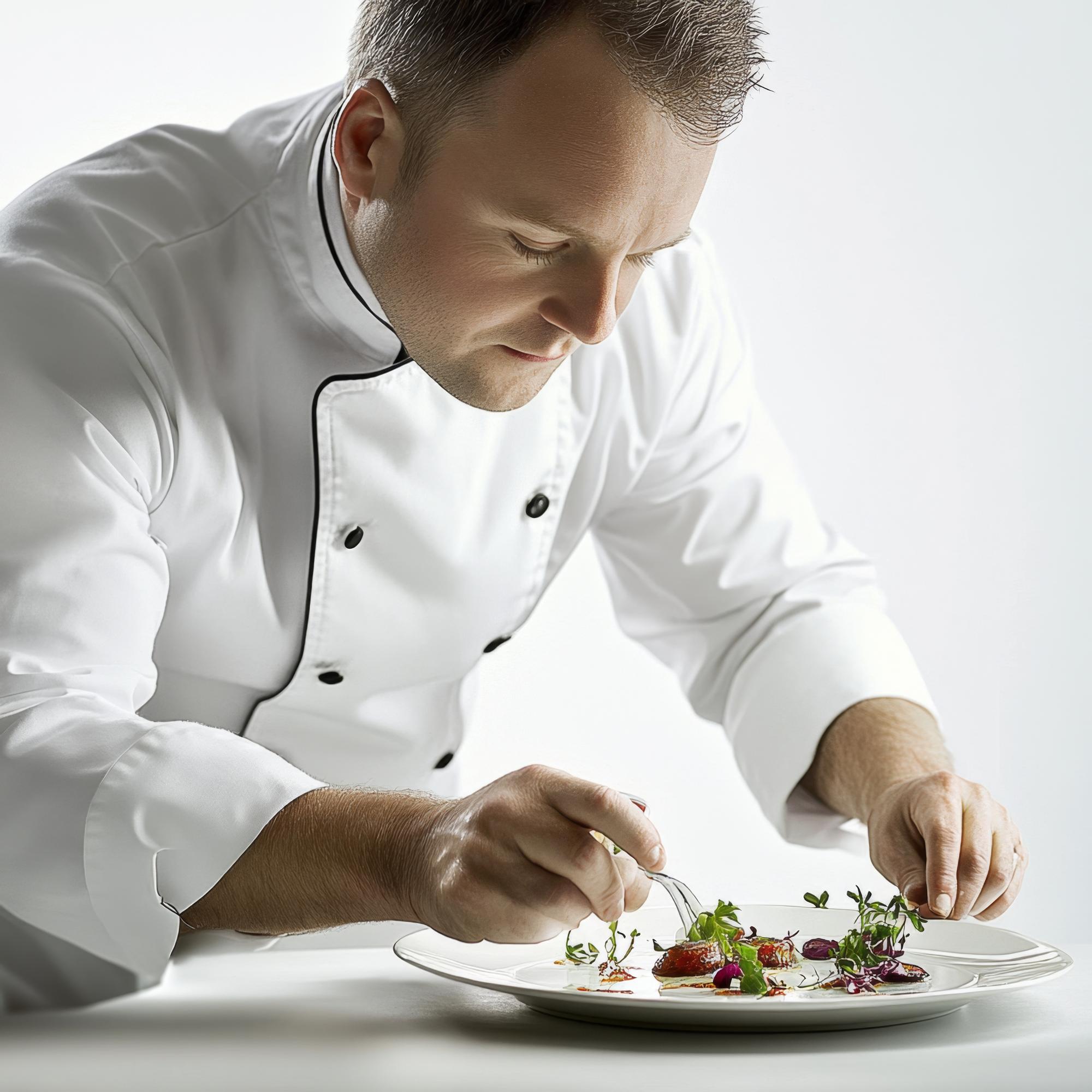 Chef plating a refined dish in a bright kitchen